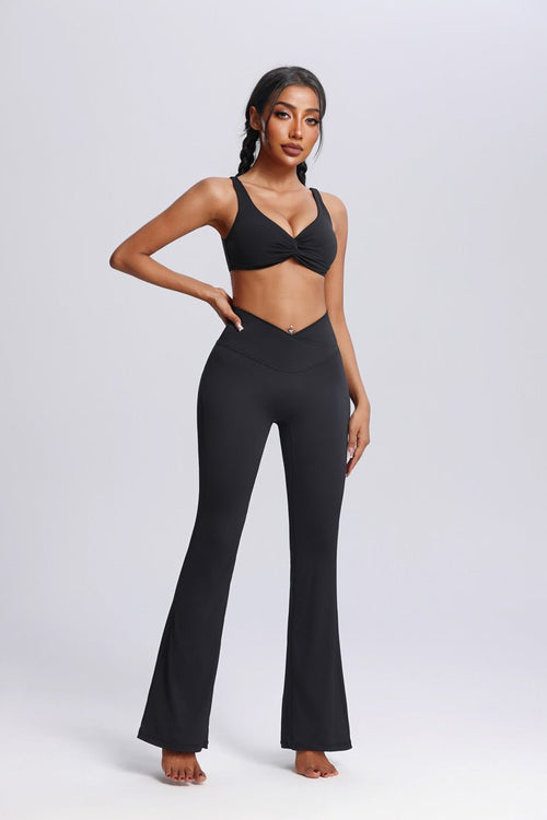 #black crossover High Waist Flared Yoga leggings with sports bra