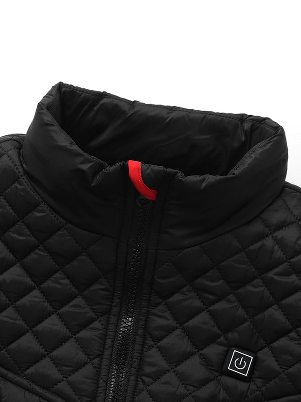 Black quilted jacket with a red tag on a white background