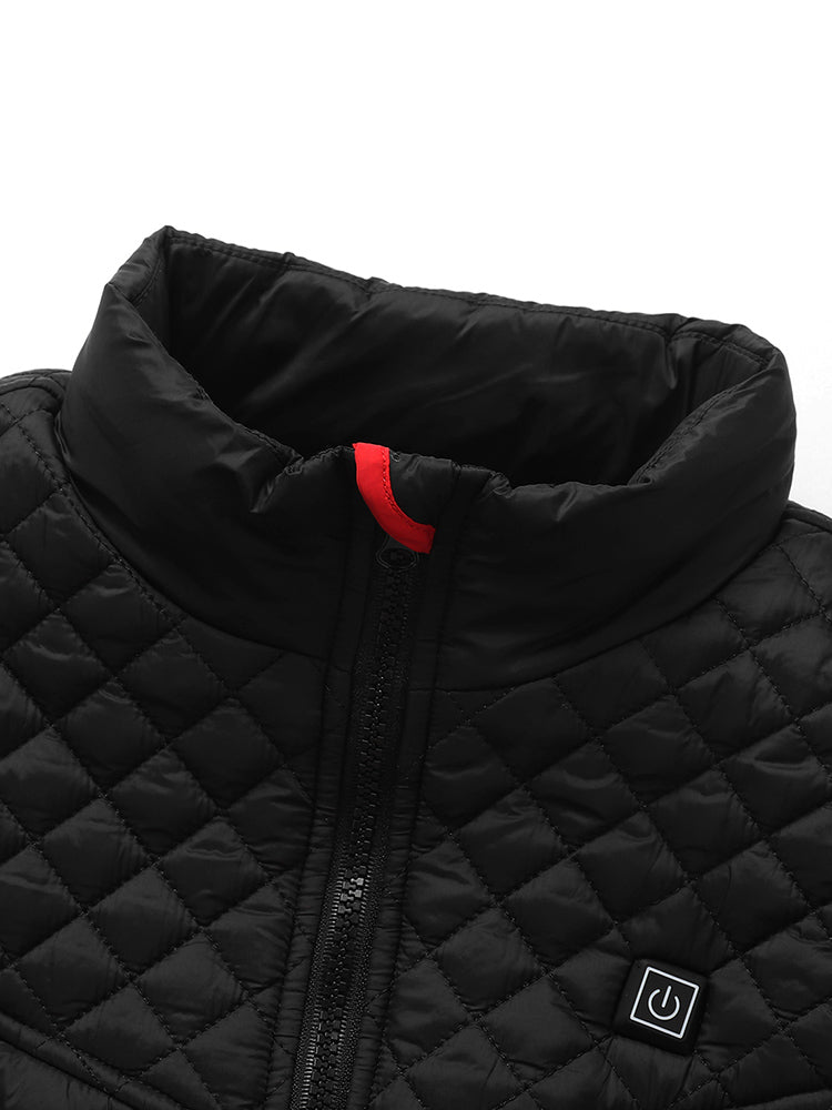 Black quilted jacket with a red tag on a white background