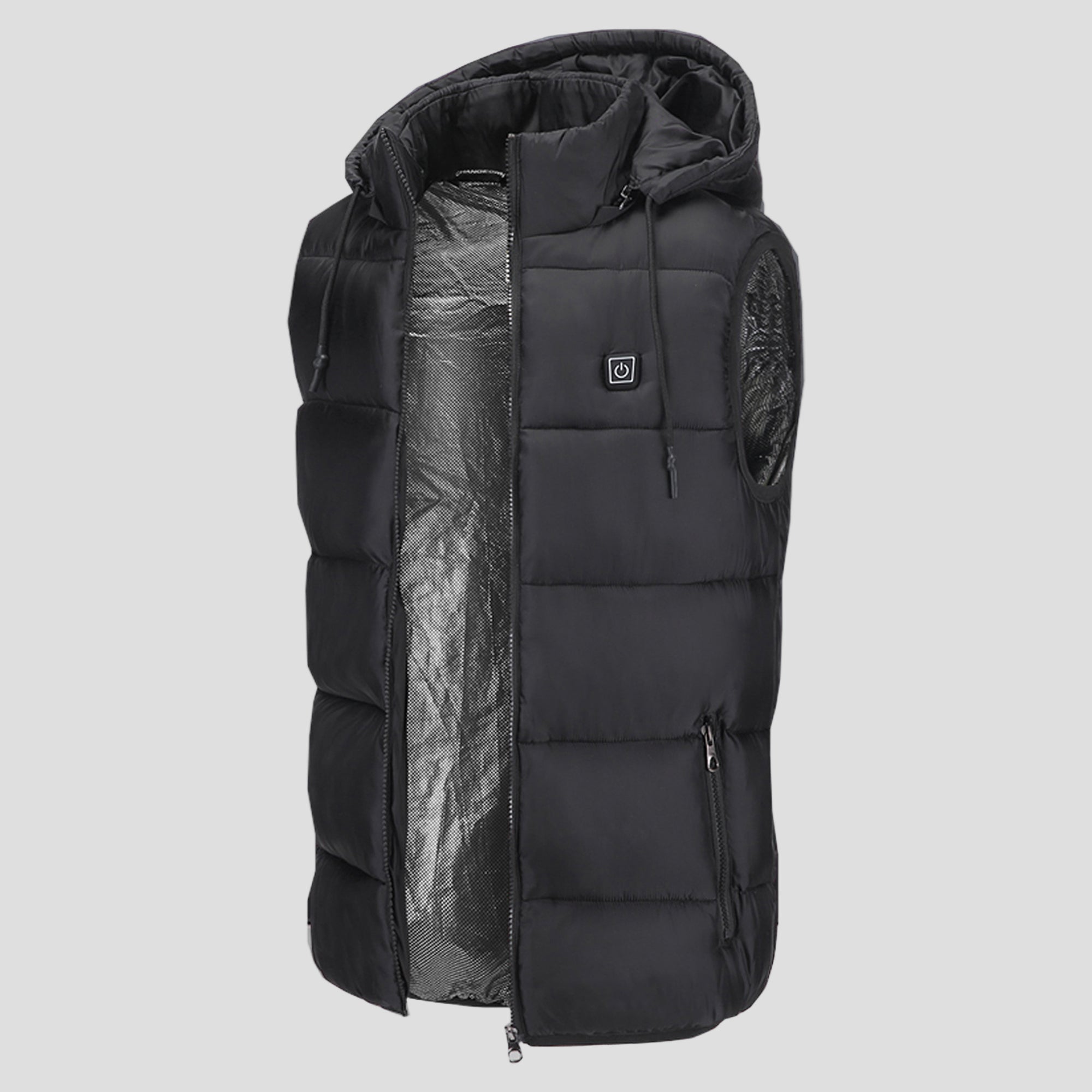 Black heated hooded puffer vest with a hood on a white background
