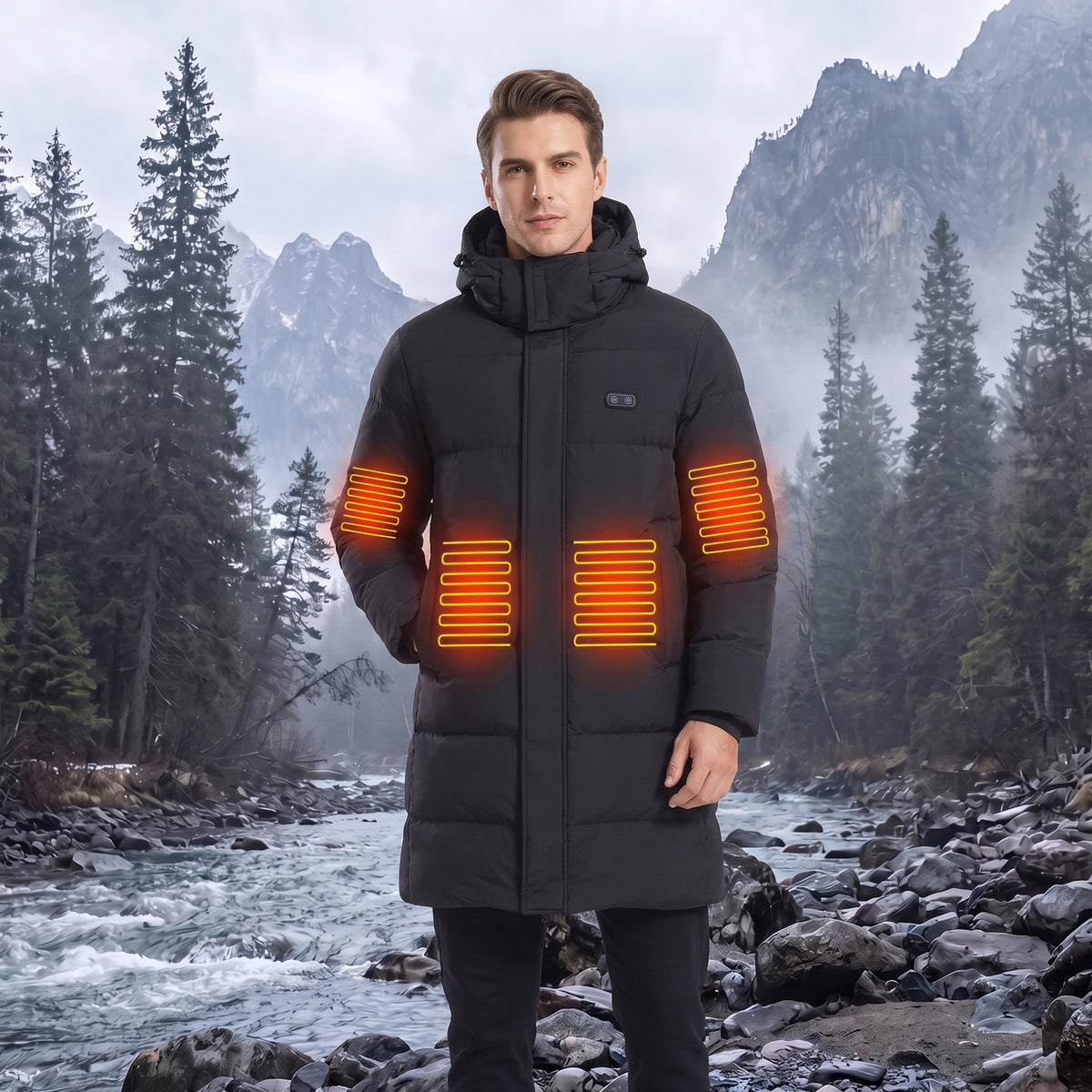 black mens Mid Length Heated Quilted Jacket