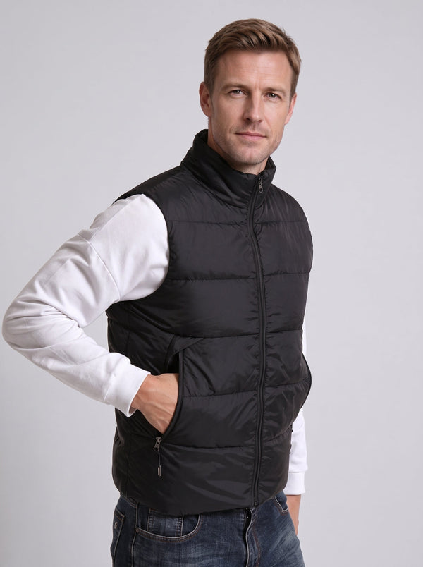 #black men's stand collar rechargeable heated down vest 