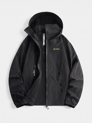A black hooded jacket with a front zipper, zippered pockets, and a small green and white 'canopy' logo on the left chest, displayed against a light gray background.