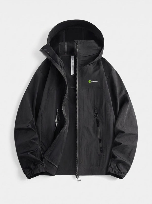A black hooded jacket with a front zipper, zippered pockets, and a small green and white 'canopy' logo on the left chest, displayed against a light gray background.