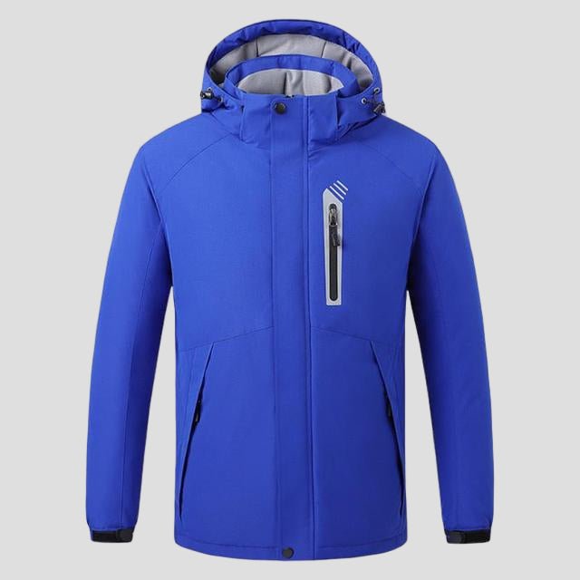 unisex blue 8 area heated ski jacket with detachable hood and zip