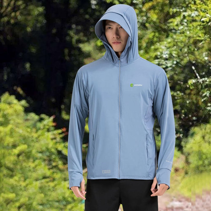 men's blue UPF 100+ Sun Protection Hooded Jacket with zip