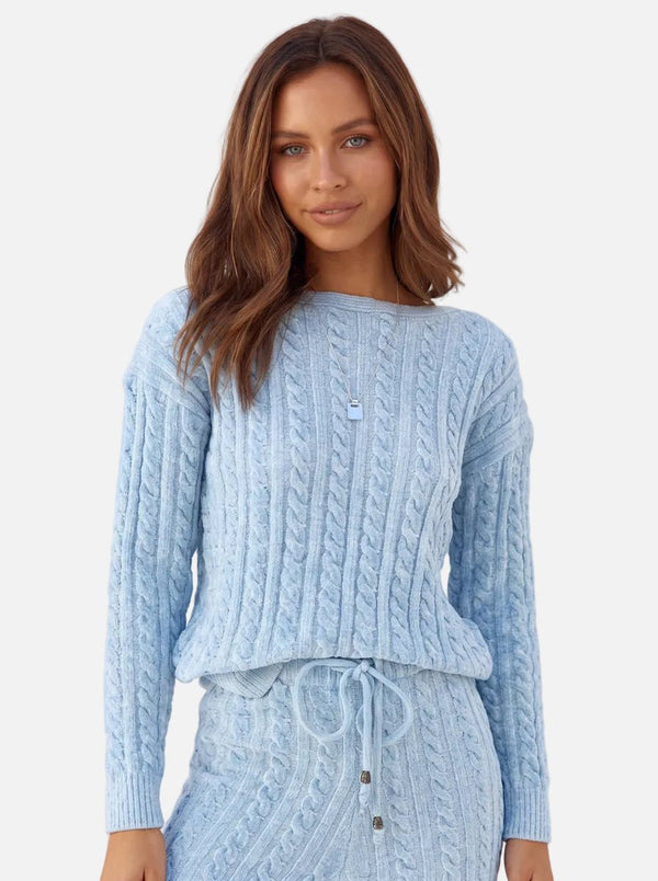 #blue Cable Knit Sweater and Pants Set