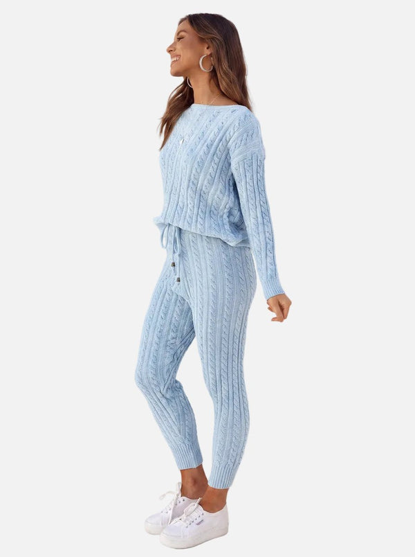 #blue Cable Knit Sweater and Pants Set of side view