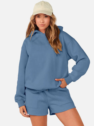 #blue Casual Hoodie & Shorts Set