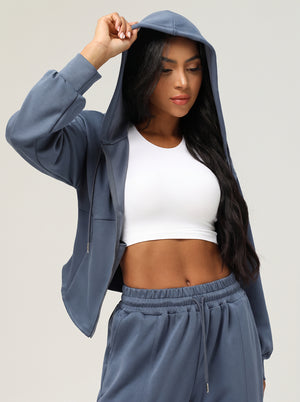 #blue Causal Hooded Zip Jacket