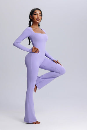 women's #lavender Square Neck Flared Yoga Jumpsuit