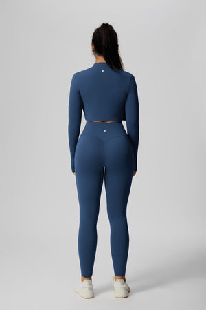 #navyblue UPF 50+ Zip-up Yoga Jacket with thumbhole arm sleeves and high waist Anniou leggings from the back