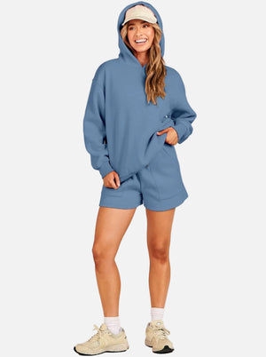 #blue womens Casual Hoodie & Shorts Set