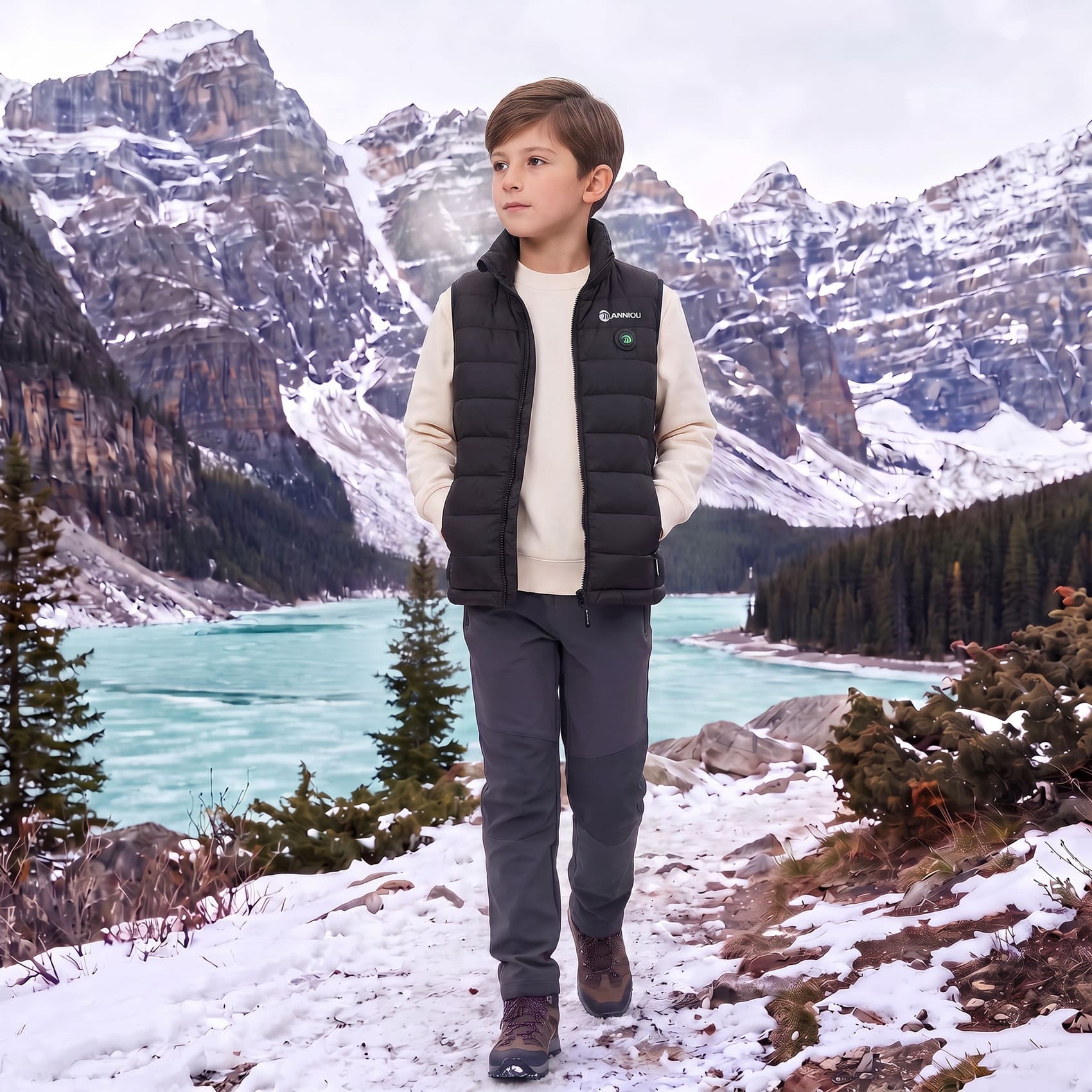 boy wearing a black heated gilet in the mountains
