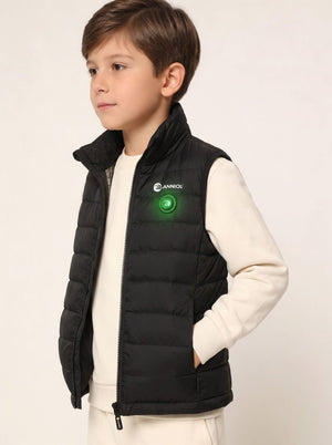 boys black heated puffer vest with a glowing anniou button