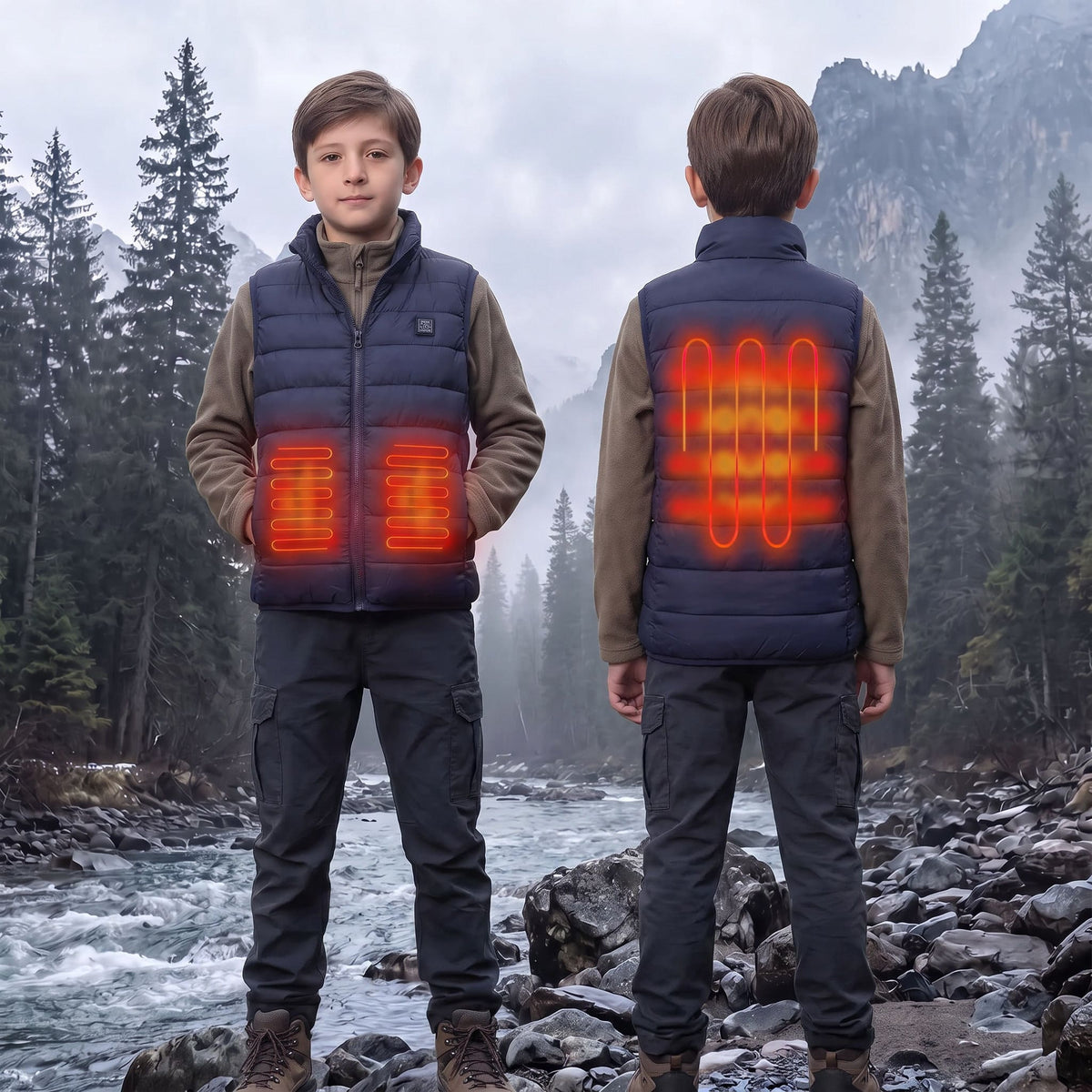 A boy stands outdoors by a rocky river with misty mountains and pine trees in the background, showing a dark insulated heated vest from the front and back. The back view has glowing orange heat-map graphics indicating heated zones, and the front view shows two glowing orange heating elements on the vest.