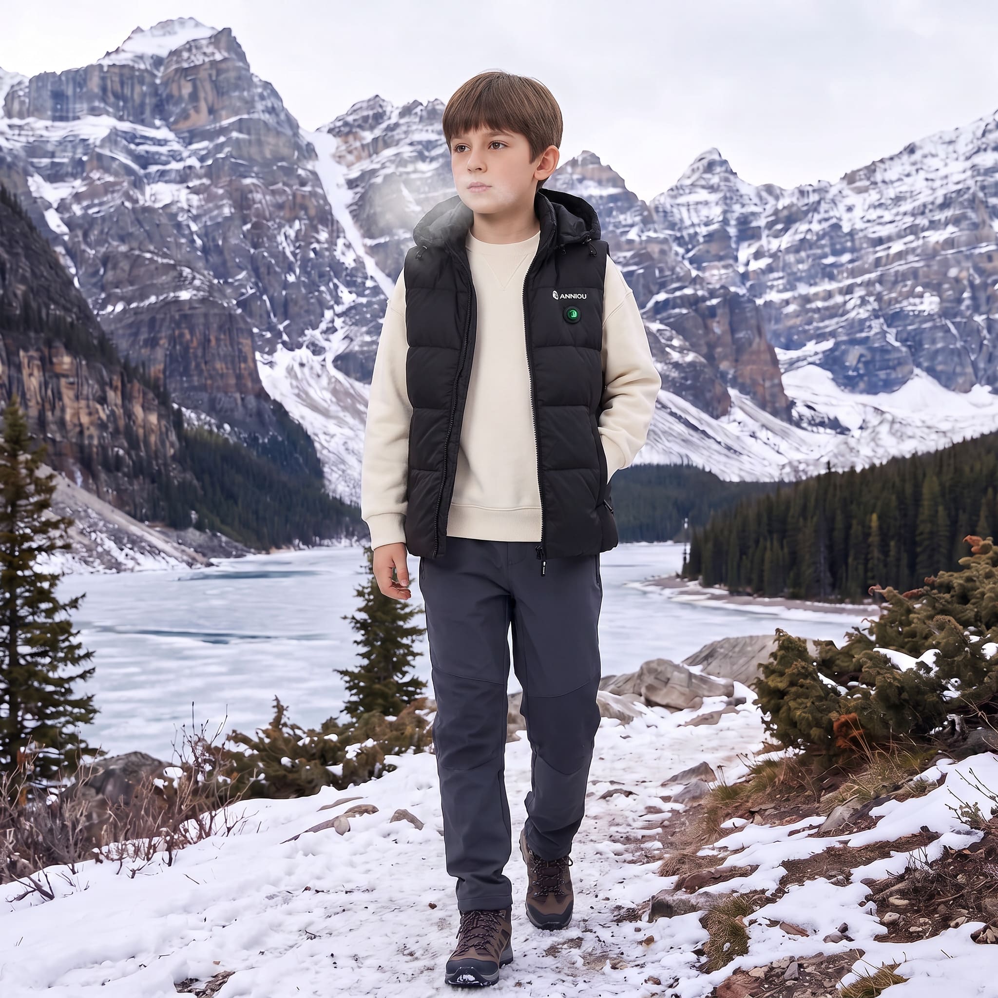 boy wearing an outdoor winter vest in the mountains