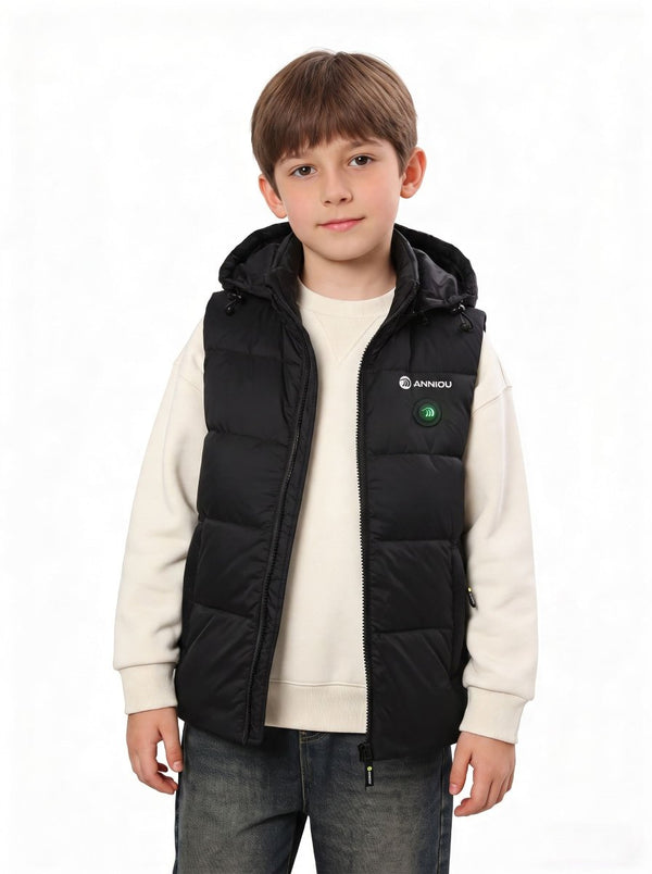 A young boy wearing a black heated hooded puffer vest. The heated gilet has a visible white 'ANNIOU' logo on the left chest.