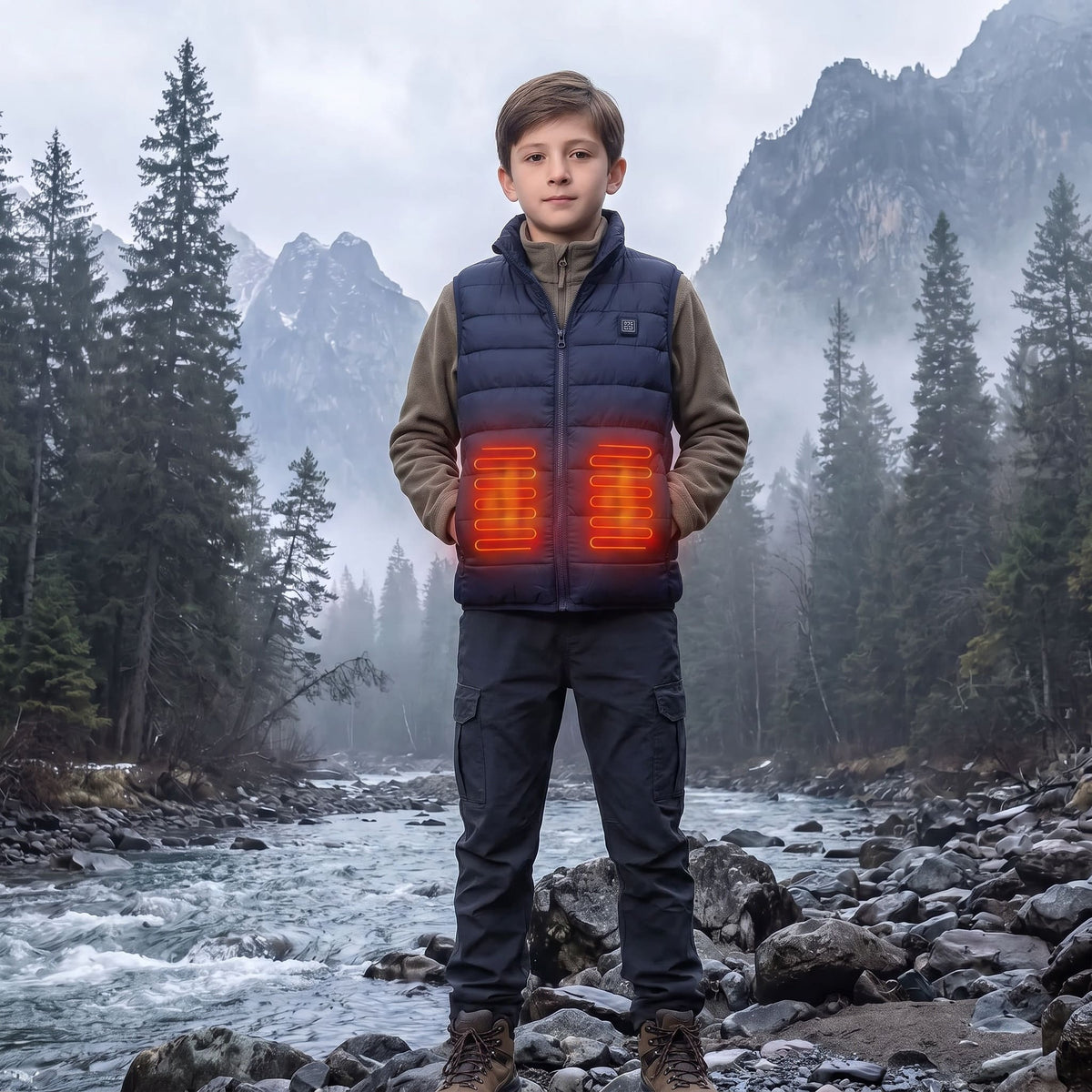 boy outside wearing a nevy heated gilet with 2 heat zones showing