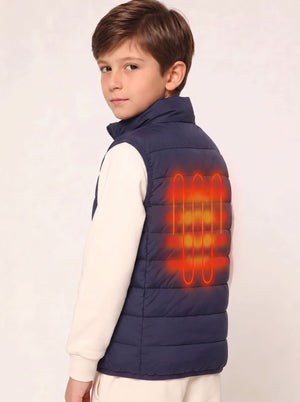 Boys Navy Heated Gilet from the back with 1 heat zone