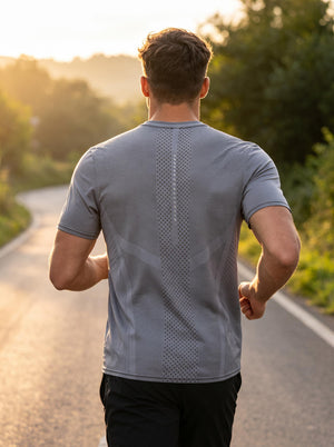 A back-view outdoor photo of a man running on a paved road at sunrise, wearing a light gray athletic T-shirt with a breathable mesh panel down the center back