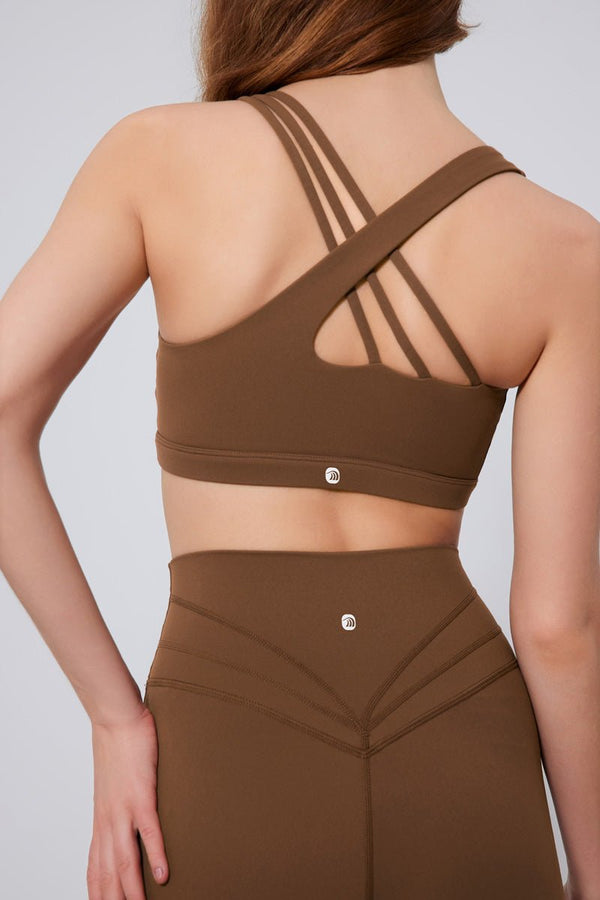 #brown Asymmetric Back Sports Bra by Anniou