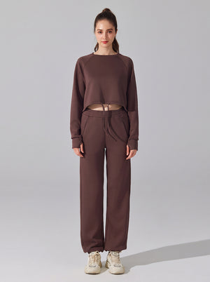 #brown Cropped Drawstring Sweat Set