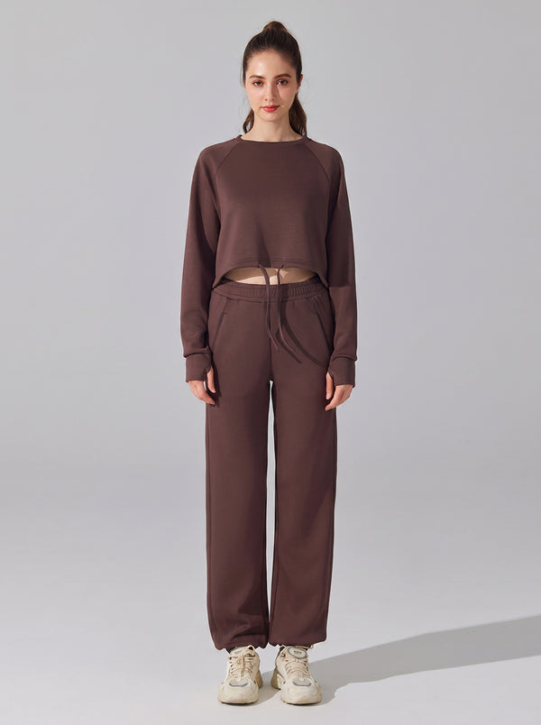 #brown Cropped Drawstring Sweat Set