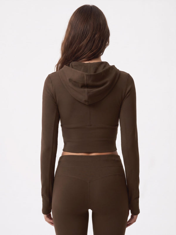 #brown Fitted Zip Hoodie of back view