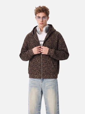 #brown Leopard Print Waffle Hooded Zip Jacket