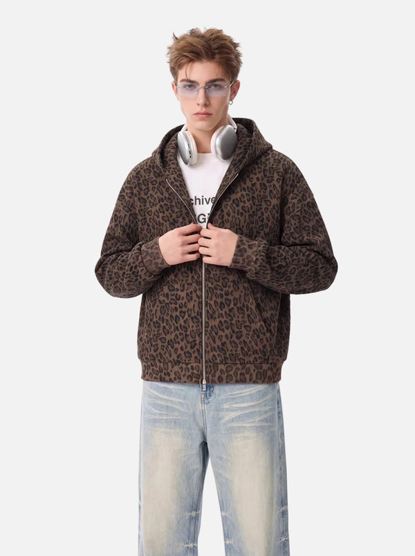 #brown Leopard Print Waffle Hooded Zip Jacket