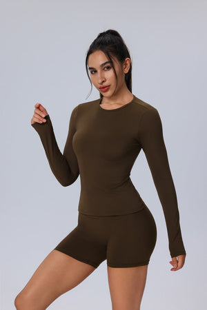 #brown Long Sleeve Yoga Top and shorts 