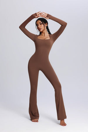 #brown Square Neck Flared Yoga Jumpsuit