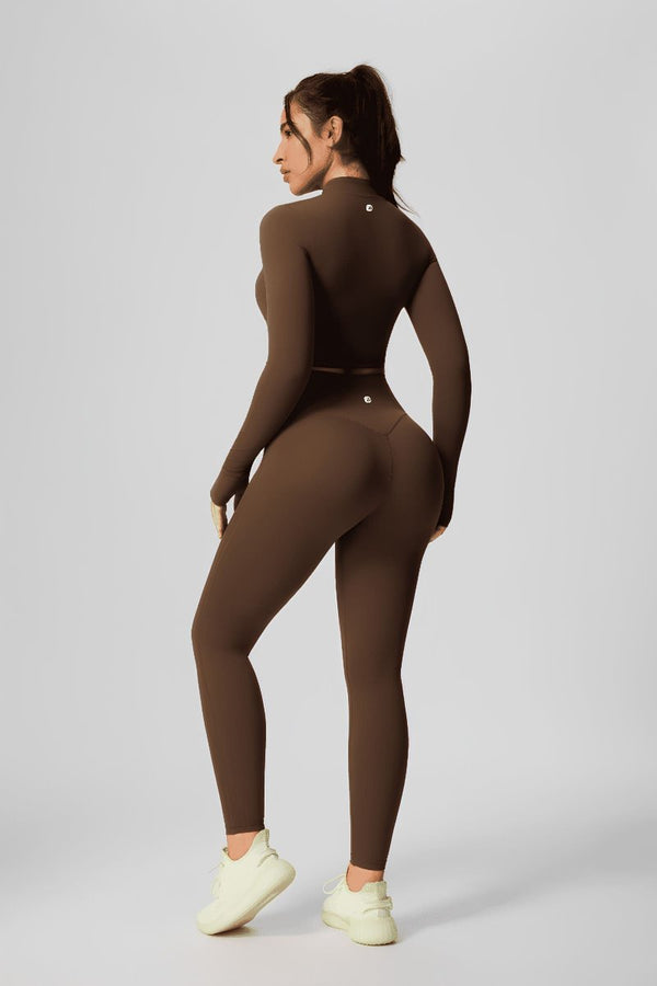 #brown UPF50+ yoga stand collar Jacket and high waist leggings bum lift by Anniou 