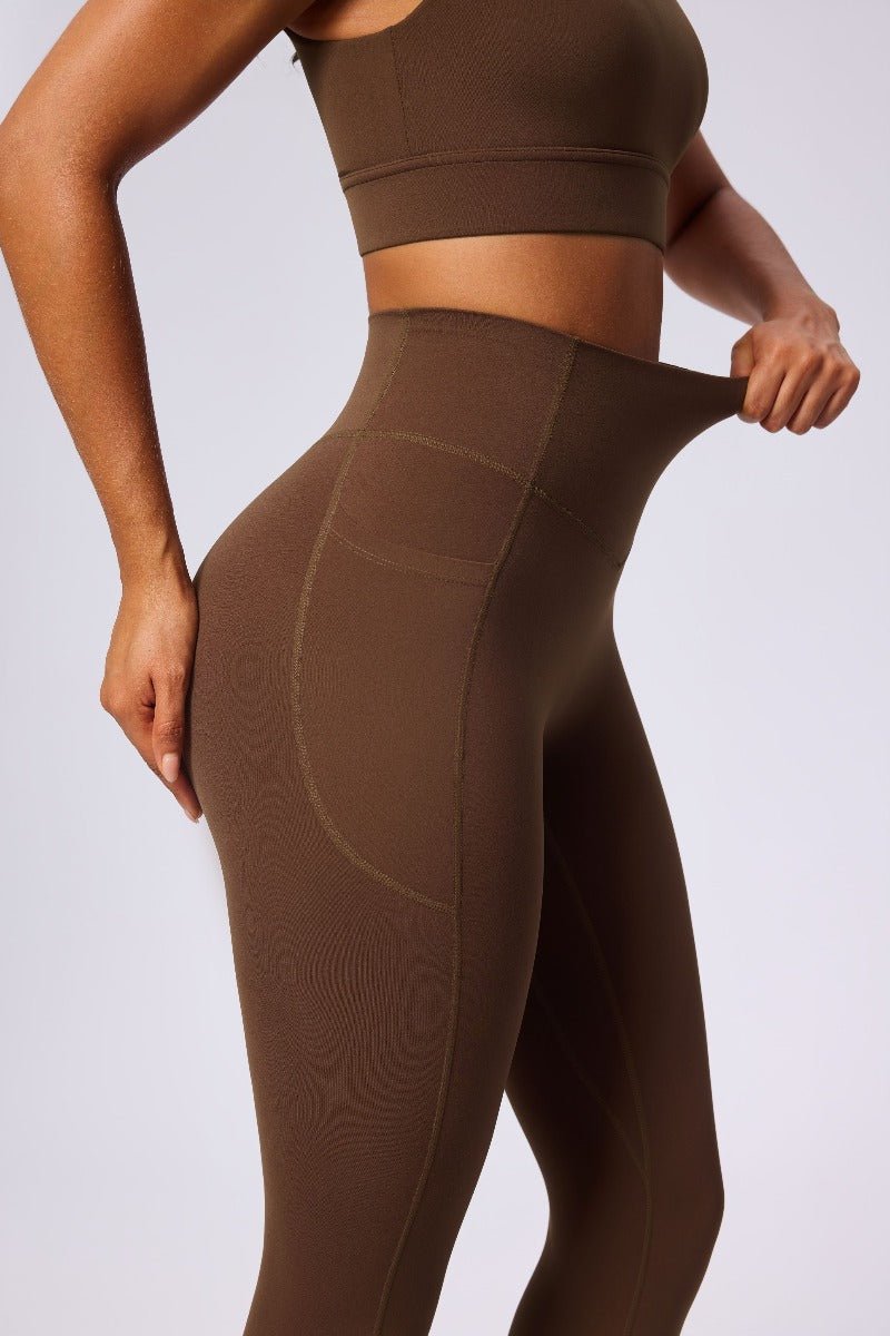 brown high rise pilate leggings with stretch 