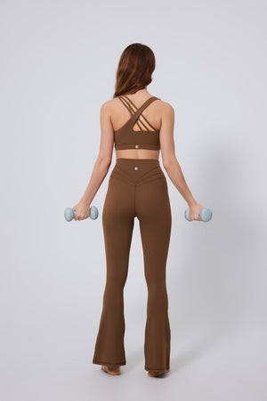 #brown high waisted bootcut yoga leggings and sports bra