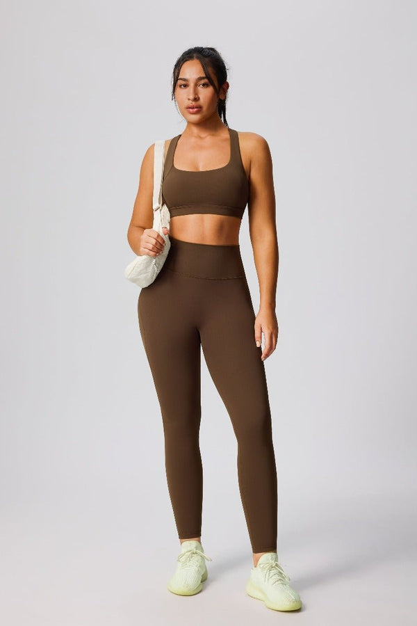 woman wearing a #brown sports bra and leggings 