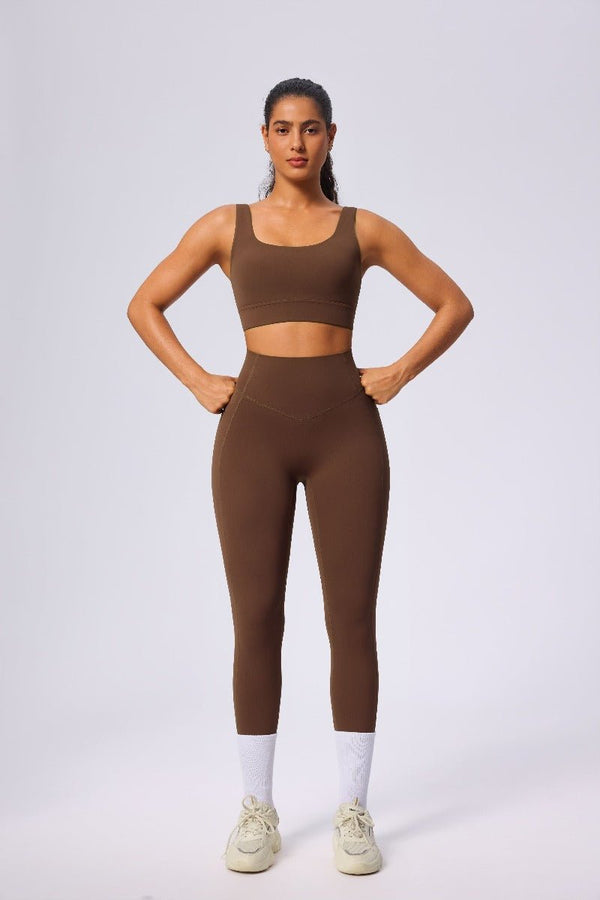 #brown sports bra and sports leggings 