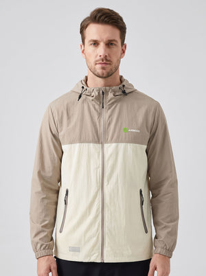 A man wearing a #brown and off-white hooded Lightweight Breathable UV jacket with zipper and a Anniou logo