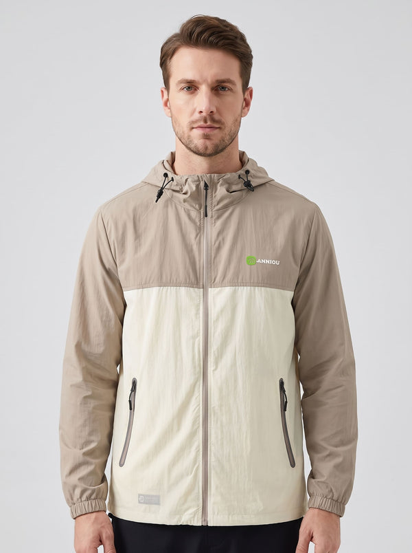 A man wearing a #brown and off-white hooded Lightweight Breathable UV jacket with zipper and a Anniou logo