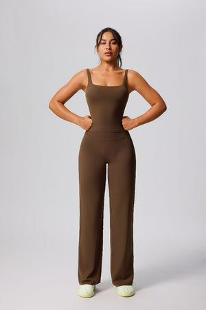 #brown yoga jumpsuit vest and leggings 