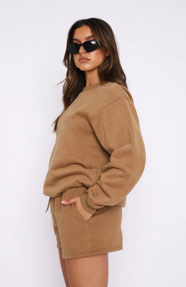 #camel Crewneck Sweatshirt Shorts Set