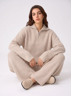 causal #beige Ribbed Half Zip Sweater Set