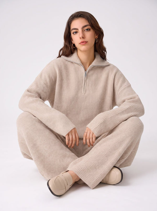 causal #beige Ribbed Half Zip Sweater Set