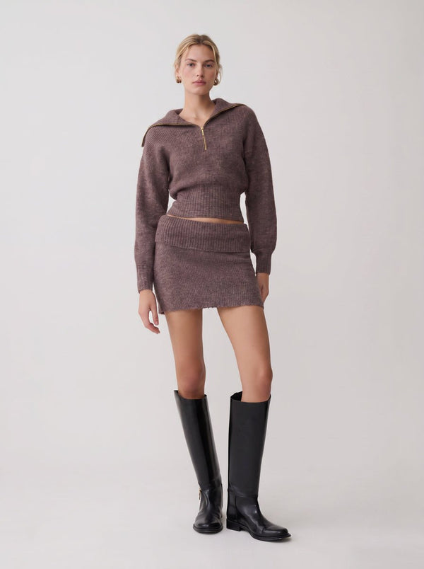 causal #coffee half zip knit sweater and skirt set