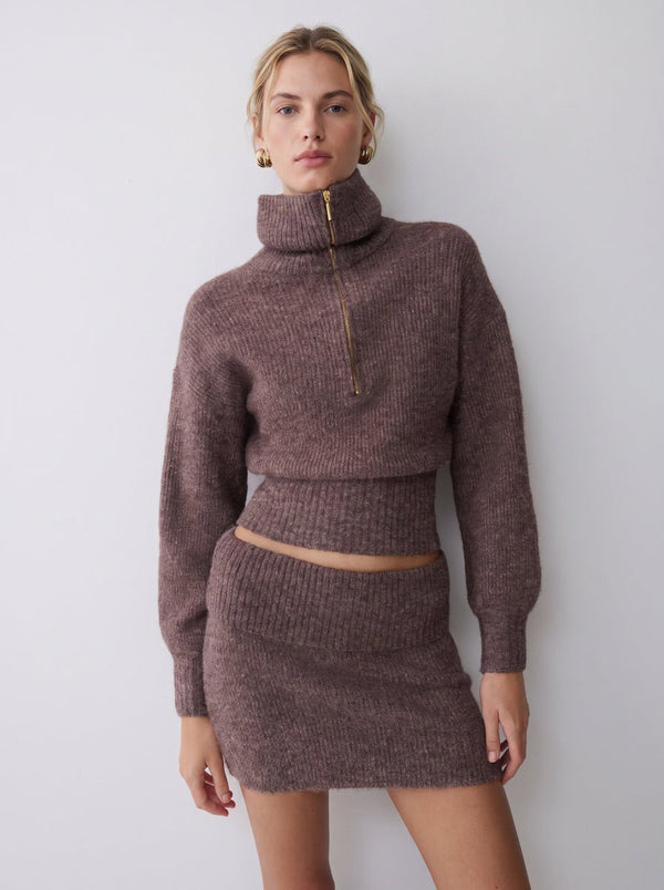#coffee half zip knit sweater and skirt set