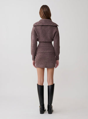 #coffee half zip knit sweater and skirt set of back view
