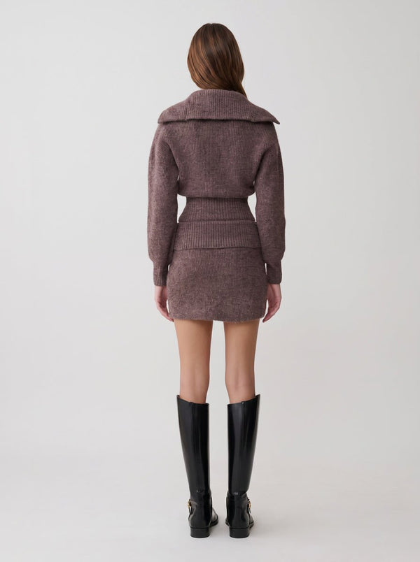 #coffee half zip knit sweater and skirt set of back view