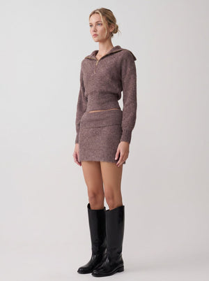 #coffee half zip knit sweater and skirt set of side view