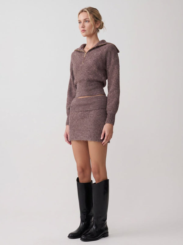 #coffee half zip knit sweater and skirt set of side view